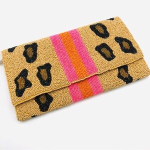 Animal Print Color Block Handmade Double Sided Beaded Clutch or Crossbody Bag